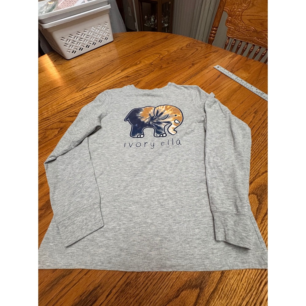 Ivory Ella Womens Long Sleeve Graphic Tee Gray Elephant Tie Dye Logo Top M